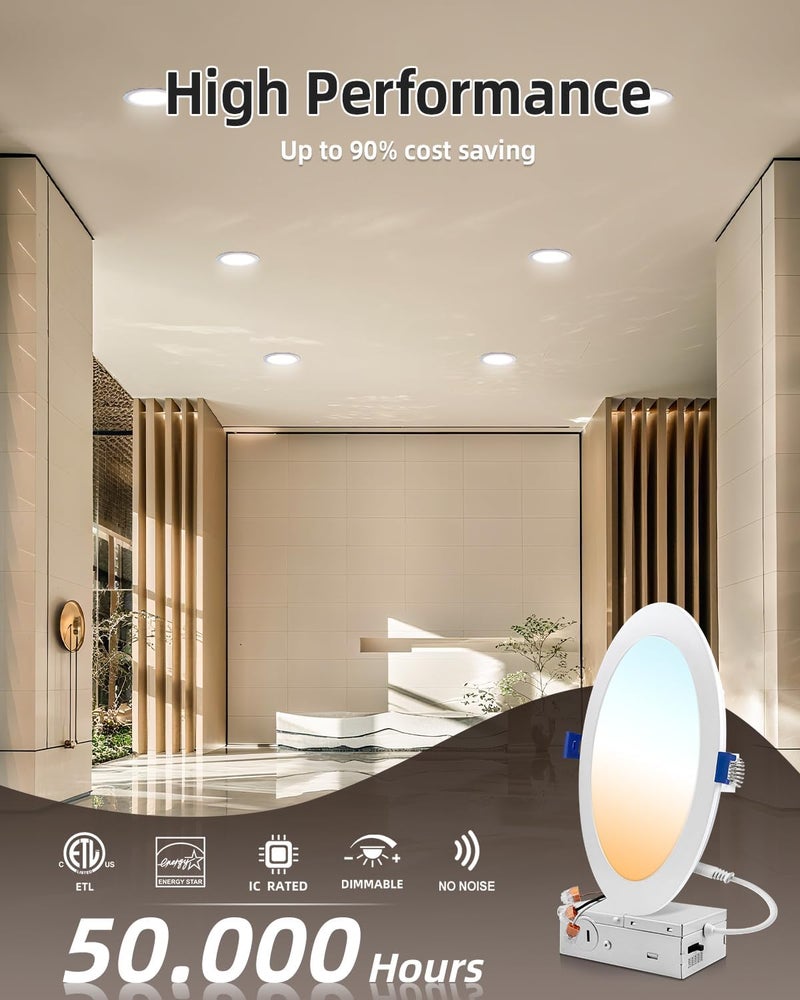 zouzai 8 Inch Ultra-Thin LED Recessed Ceiling Light with Junction Box, 18W (150W Eqv), 1620LM, Dimmable 5CCT 2700K/3000K/3500K/4000K/5000K Selectable, ETL & Energy Star Certified【6 Pack】 - Image 4